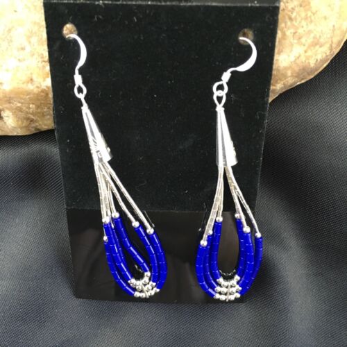 Native American Handmade Sterling Silver Heishi Dangle Earrings | Blue Lapis | 2" | 1965