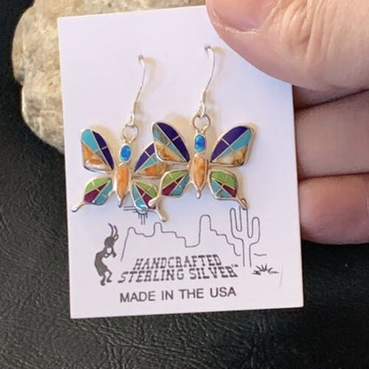 Navajo Butterfly Turquoise Spiny Opal Inlay Earrings | Sterling Silver | 0.5" | 12012