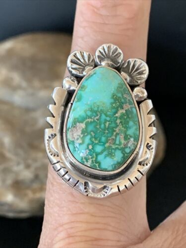 Women's Navajo Green Sonoran Turquoise Ring | Sterling Silver | Sz 9.5 | Authentic Native American Handmade | 10419