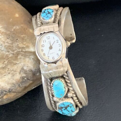 Navajo Sterling Silver Watch Cuff Bracelet | Blue Turquoise | Authentic Native American Jewelry | 13239