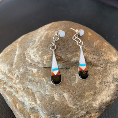 Old Pawn Zuni Multi-Color Turquoise Onyx Inlay Earrings | Sterling Silver | Authentic Native American Handmade | 2043
