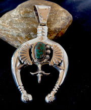 Navajo Pearls Sterling Silver Bisbee Turquoise Naja Pendant Necklace | Authentic Native American Handmade | 01058