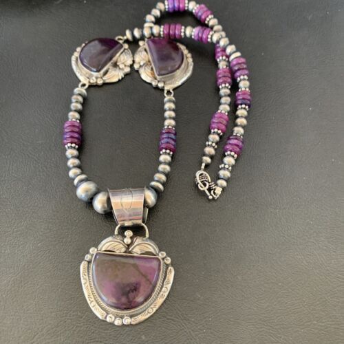 Navajo Pearls Sterling Silver Purple Sugilite Bead Necklace with 3 Pendants | 10869