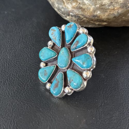 Navajo Blue Turquoise Cluster Ring | Authentic Native American Sterling Silver | Multi-Stone | Sz 7 | 14728