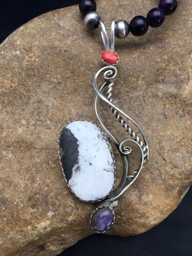 Navajo White Buffalo Sugilite Multi-Stone Pendant Set | Authentic Native American Sterling Silver | 24" | 2816
