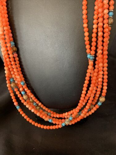 Navajo Pink Coral 5-Strand Turquoise Bead Necklace | Sterling Silver | 25" | Authentic Native American Handmade | 12510