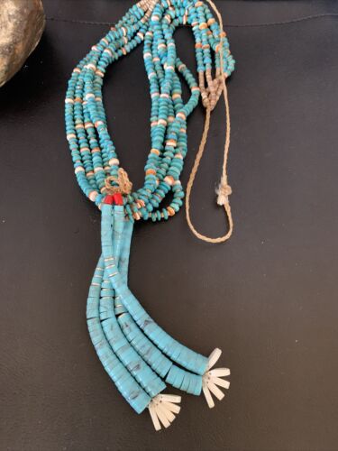 Native American Santo Domingo Spiny Blue Turquoise Shell Jacla Necklace | 5 Strand | 32" | 13192
