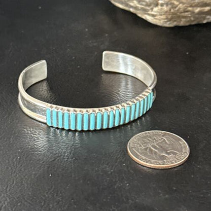 Zuni Blue Turquoise Inlay Cuff Bracelet | Sterling Silver | Authentic Native American Handmade | 14588