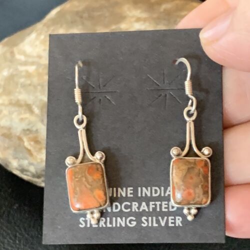 Navajo Orange Spiny Oyster Inlay Earrings | Sterling Silver | Authentic Native American Handmade | 12829