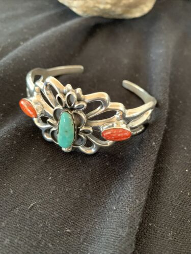 Men's Navajo Kingman Turquoise & Spiny Oyster Bracelet | Sterling Silver | Authentic Native American Handmade | 01032