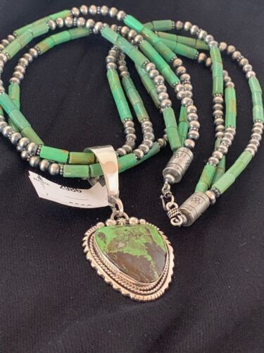 Navajo Pearls Sterling Silver Green Gaspeite Pendant Turquoise Necklace Set | Multi-Strand | 2986