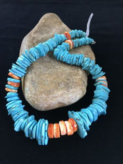 Navajo Natural Blue Turquoise & Spiny Oyster Graduated Necklace | Sterling Silver | Authentic Native American | 20" | 10000