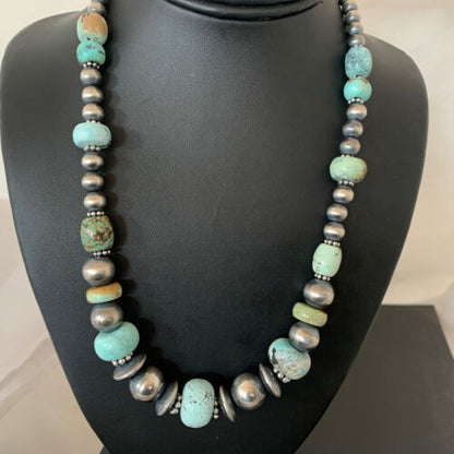 Sterling Silver Navajo Pearls Necklace | Dry Creek Turquoise Beads | Native American Handmade | 21" | 1386