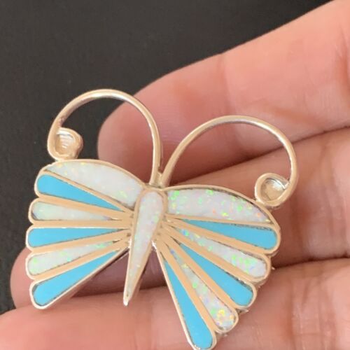 Zuni Blue Turquoise White Opal Butterfly Necklace Pin Pendant | Sterling Silver | 11972