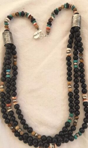 Turquoise Black Onyx 3 Strand Navajo Sterling Silver Necklace | Native American | 21" |  319