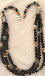 Turquoise Black Onyx 3 Strand Navajo Sterling Silver Necklace | Native American | 21" |  319
