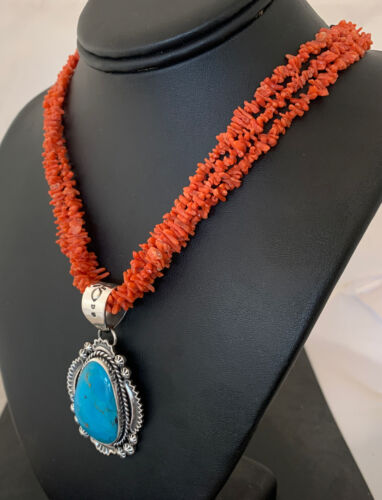 Navajo Sterling Silver Coral Bead Necklace with Turquoise Pendant | Multi-Strand | Authentic Native American Handmade | 767