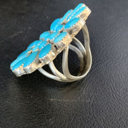 Navajo Blue Kingman Turquoise Cluster Ring | Authentic Native American Sterling Silver | Multi-Stone | Sz 9 | 13715