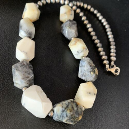 Native American White Opal Bead Necklace | 21mm | Sterling Silver | Navajo Handmade | 21" | 13981