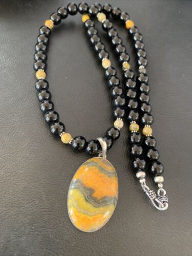 Men's Navajo Pearls Onyx Bumblebee Jasper Pendant Necklace | Sterling Silver | Native American Handmade | 10324