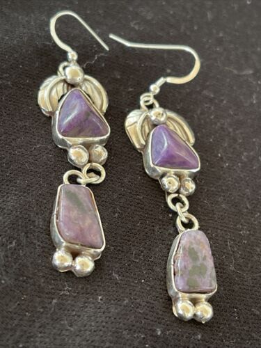 Navajo Purple Charoite Dangle Earrings | Sterling Silver | Authentic Native American Handmade | 1224