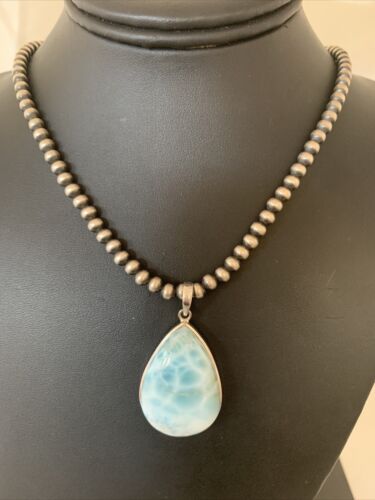 Navajo Blue Larimar Pendant Necklace | Sterling Silver Beads | Authentic Native American Handmade | 1765