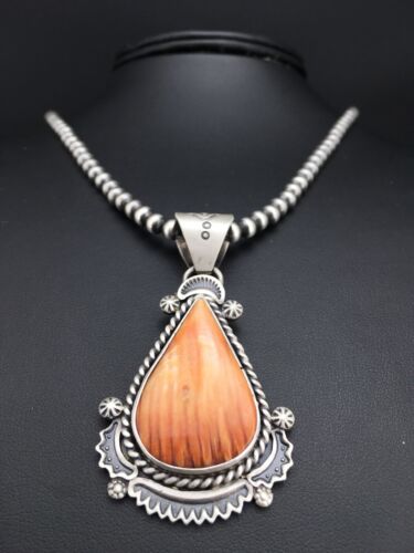 Navajo Orange Spiny Oyster Pendant Necklace | Sterling Silver Pearls | Authentic Native American Handmade | 4883