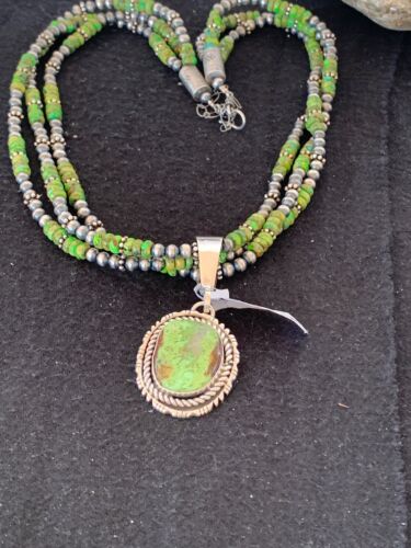 Navajo Pearls Gaspeite Turquoise Pendant Necklace Set | Sterling Silver | 3-Strand | 2987