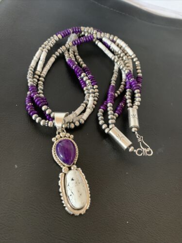Navajo Sterling Silver Turquoise & Sugilite Beads Necklace Pendant | 23" | Multi-Strand | 01867