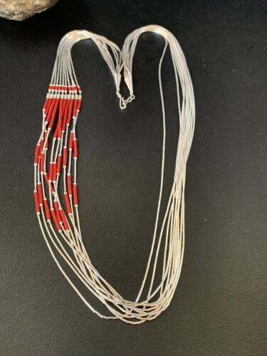 Red Coral Heishi Necklace | 10 Strand Liquid Silver | Sterling Silver Tubes | 26" | 13060