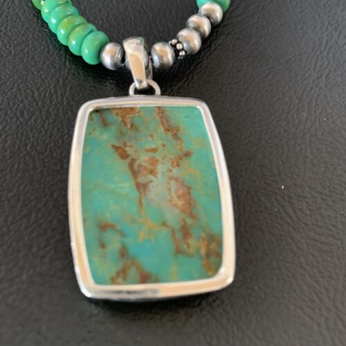 Navajo Green Turquoise Pendant Necklace | Sterling Silver Beads | Authentic Native American Handmade | 13304