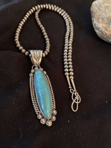 Men's Kingman Turquoise Pendant | Navajo Pearl Sterling Silver Necklace | Authentic Native American Handmade | 1070