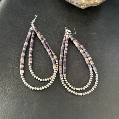 Native American Sugilite Heishi Bead Earrings | Sterling Silver | 4" | 14316