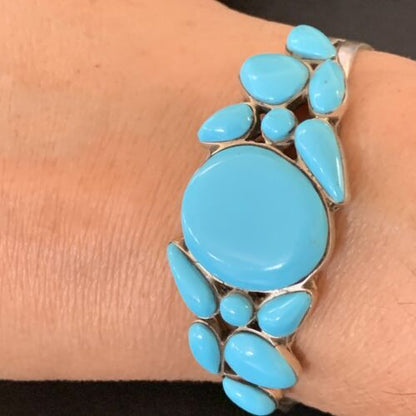 Navajo Sterling Silver Blue Kingman Turquoise Cuff Bracelet | 13 Stone | Authentic Native American Handmade | 12692