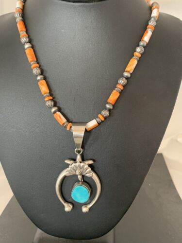 Sterling Blue Turquoise Naja Pendant | Navajo Pearls Spiny Oyster Necklace | Southwestern | 00262