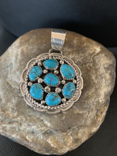 Navajo Kingman Blue Turquoise Cluster Pendant | Authentic Native American Sterling Silver | Multi-Stone | 2" | 2093