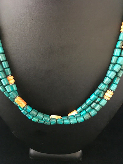 Navajo Sterling Silver Blue Spiderweb Turquoise Spiny Necklace | 3-Strand | 24" | 1774
