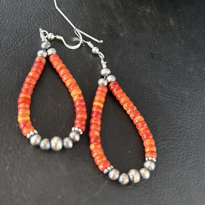 Southwestern Red Spiny Oyster Bead Earrings | Navajo Sterling Silver | Authentic Native American Handmade | 14372