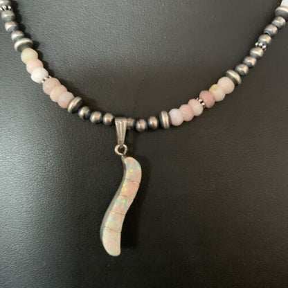 Navajo Pink Opal Beads Necklace Multi-Stone Mother of Pearl Inlay Pendant | Sterling Silver | 13458