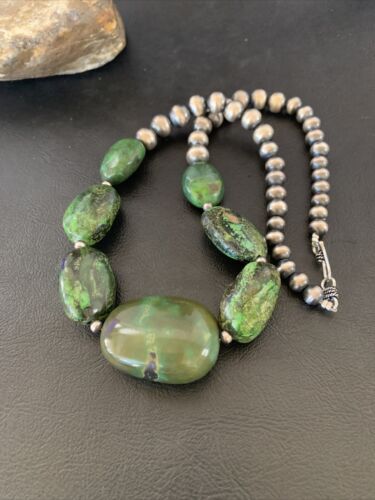 Navajo Chunky Graduated Natural Green Turquoise Necklace | Sterling Silver | Authentic Native American | 18" | 11770