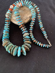 Navajo Natural Blue Turquoise & Spiny Oyster Necklace | Sterling Sliver | Graduated | Authentic Native American | 28" | 330