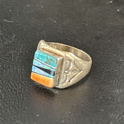 Navajo Sterling Silver Turquoise Spiny Oyster Inlay Ring | Sz 8.5 | Multi-Color | 14747 - Masha USA