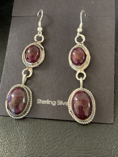 Navajo Purple Spiny Oyster Dangle Earrings | Sterling Silver | Authentic Native American Handmade | 12508