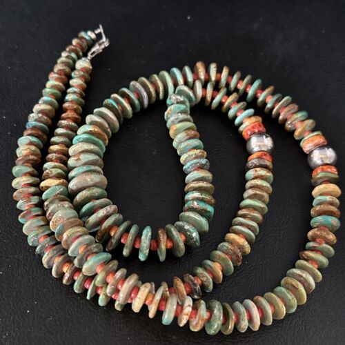 Turquoise Spiny Oyster Navajo Sterling Silver Necklace | Authentic Native American | 34" | 14364 Graduated