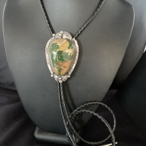 Navajo Green Royston Turquoise Bolo Tie | Sterling Silver | Authentic Native American Handmade | 14107