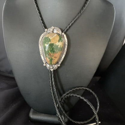 Navajo Green Royston Turquoise Bolo Tie | Sterling Silver | Authentic Native American Handmade | 14107