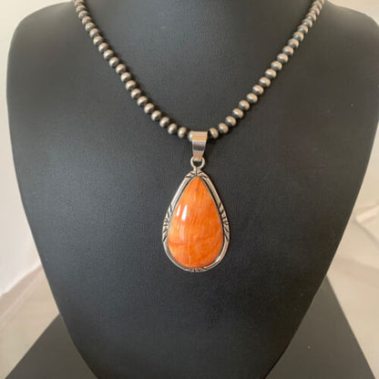 Navajo Men's Orange Spiny Oyster Pendant Necklace | Sterling Silver | Authentic Native American Handmade | 01760