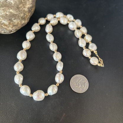 Native American White Freshwater Pearl Necklace | Gold Filled Beads | 20" | 14322 - Masha USA