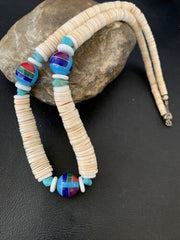 Authentic Native American Santo Domingo Shell & Turquoise 3-Bead Pendant Necklace with Pearls | 20" | 12524