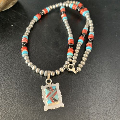 Navajo Multi-Color Turquoise Onyx Inlay Pendant Necklace | Sterling Silver | Authentic Native American Handmade | 13559